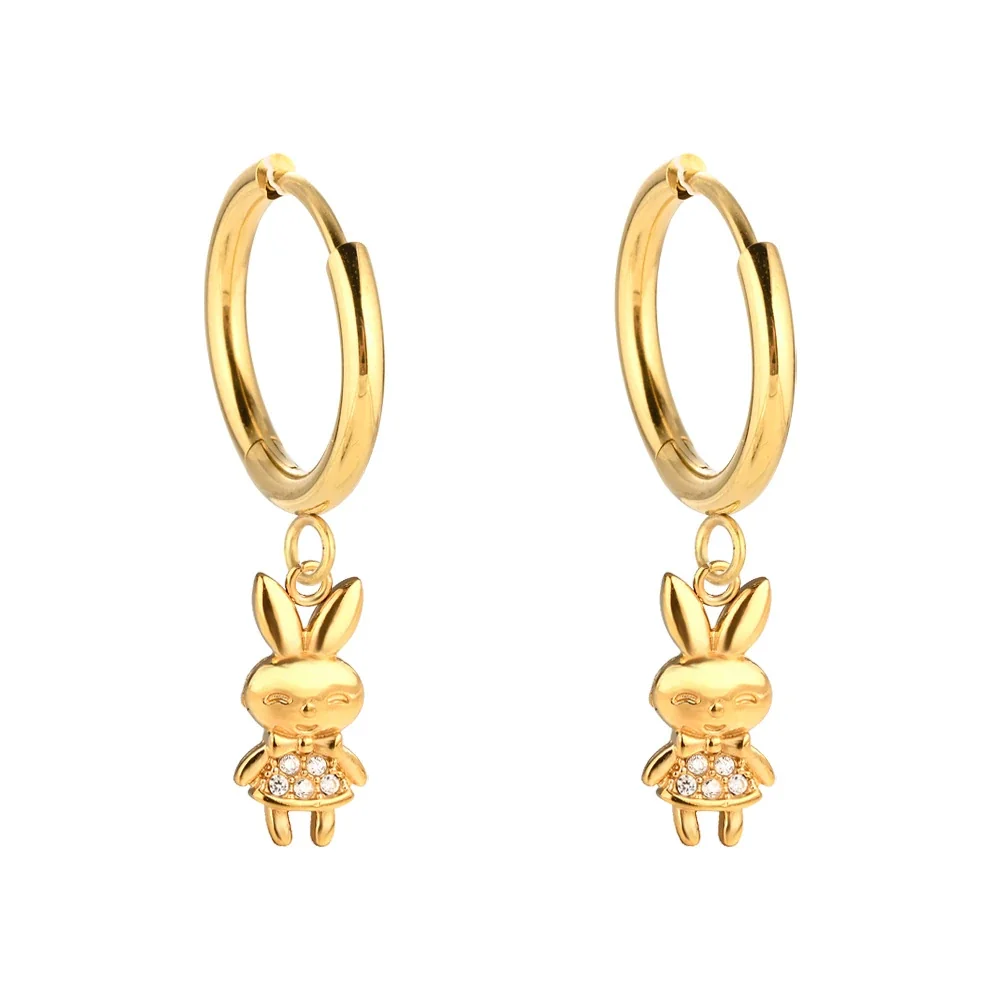 Playful 316 Stainless Steel CZ Charm Hoop Earrings - Gold Bunny