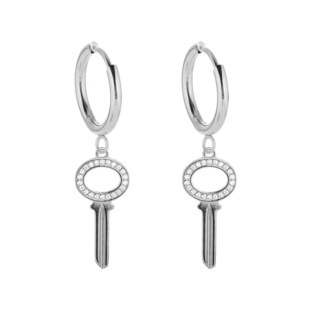 Playful 316 Stainless Steel CZ Charm Hoop Earrings - Silver Openwork Oval Key