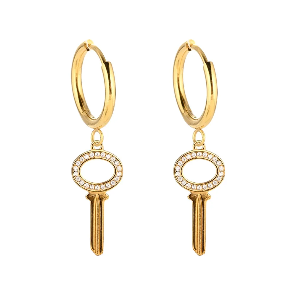 Playful 316 Stainless Steel CZ Charm Hoop Earrings - Gold Openwork Oval Key