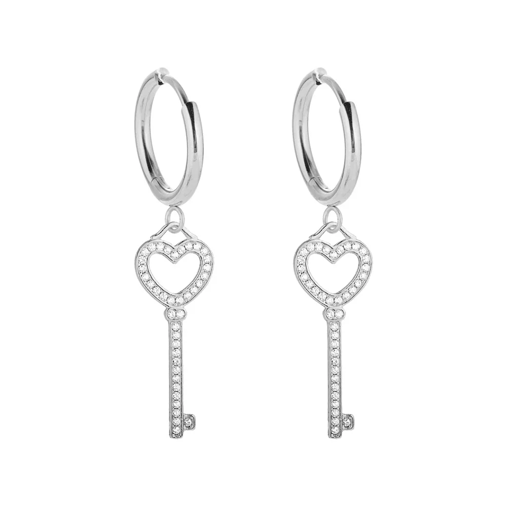 Playful 316 Stainless Steel CZ Charm Hoop Earrings - Silver Openwork Heart Key