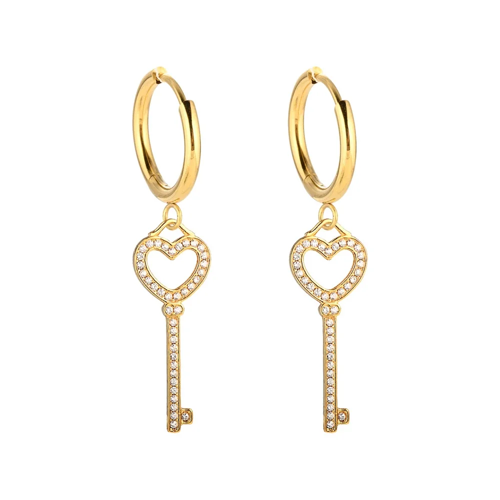 Playful 316 Stainless Steel CZ Charm Hoop Earrings - Gold Openwork Heart Key