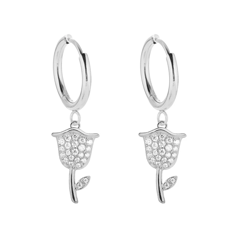 Playful 316 Stainless Steel CZ Charm Hoop Earrings - Silver Tulip