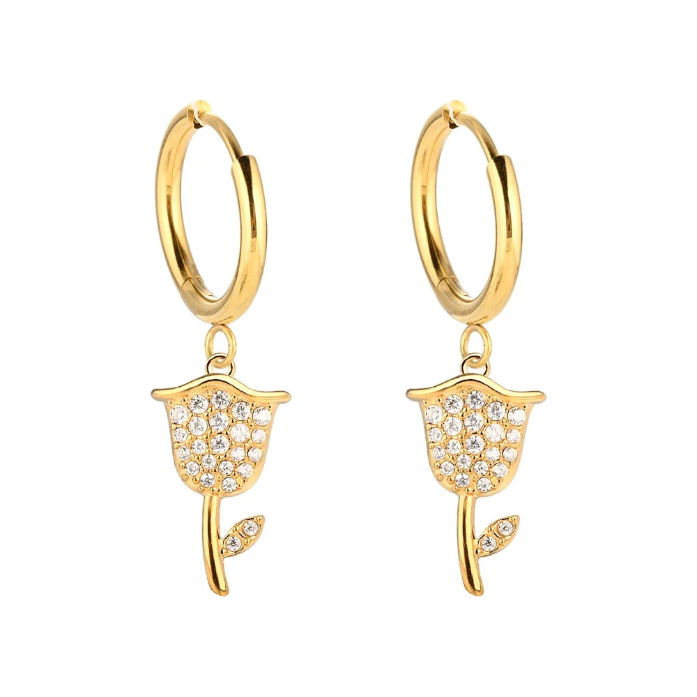 Playful 316 Stainless Steel CZ Charm Hoop Earrings - Gold Tulip
