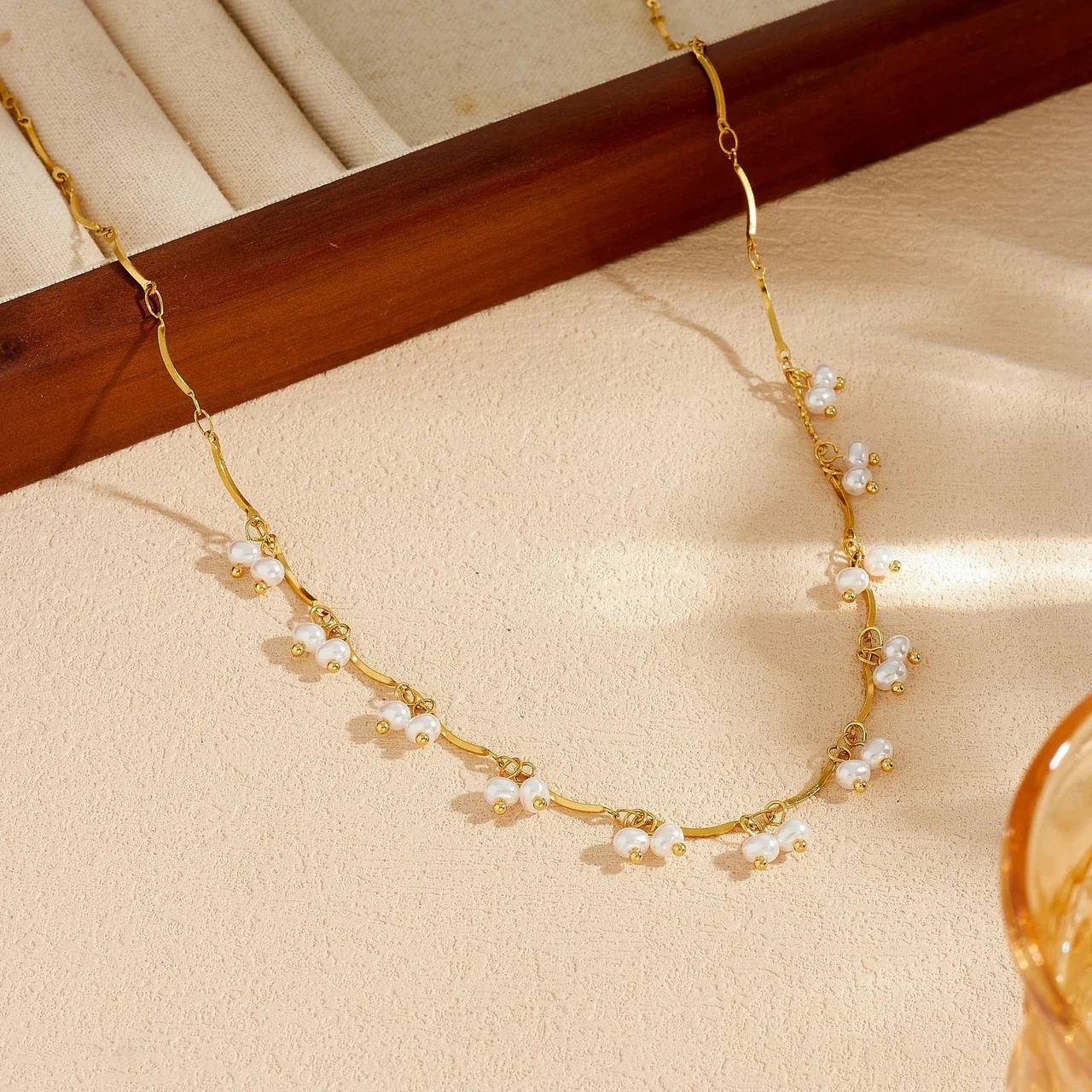 Pearl Cluster Wavy Tube Necklace, Gold-Plated Stainless Steel