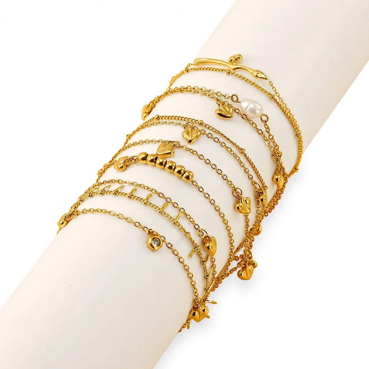Delicate 18K Gold-Plated Steel Bead Heart Bracelet