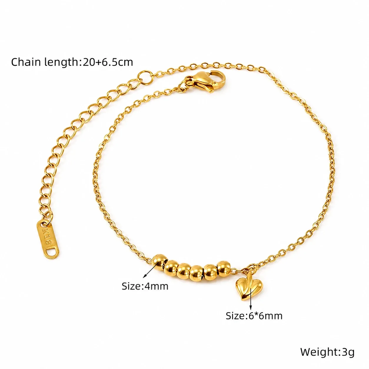 Delicate 18K Gold-Plated Steel Bead Heart Bracelet - Gold Bead Heart