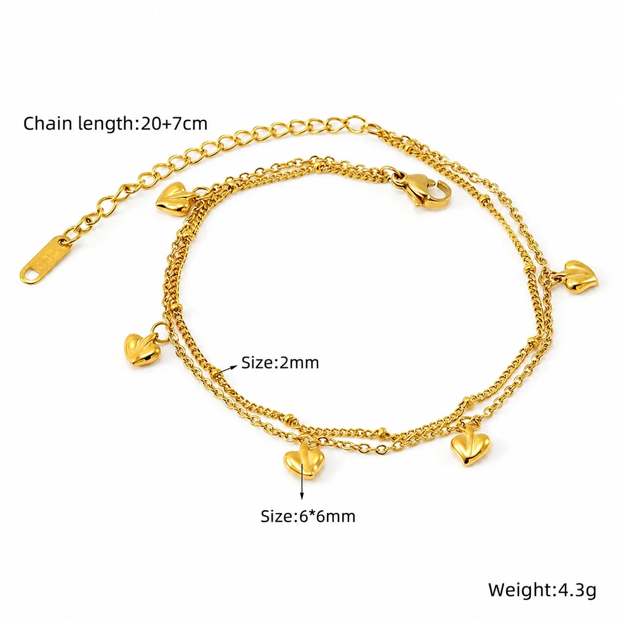 Delicate 18K Gold-Plated Steel Bead Heart Bracelet - Gold Crystal Heart