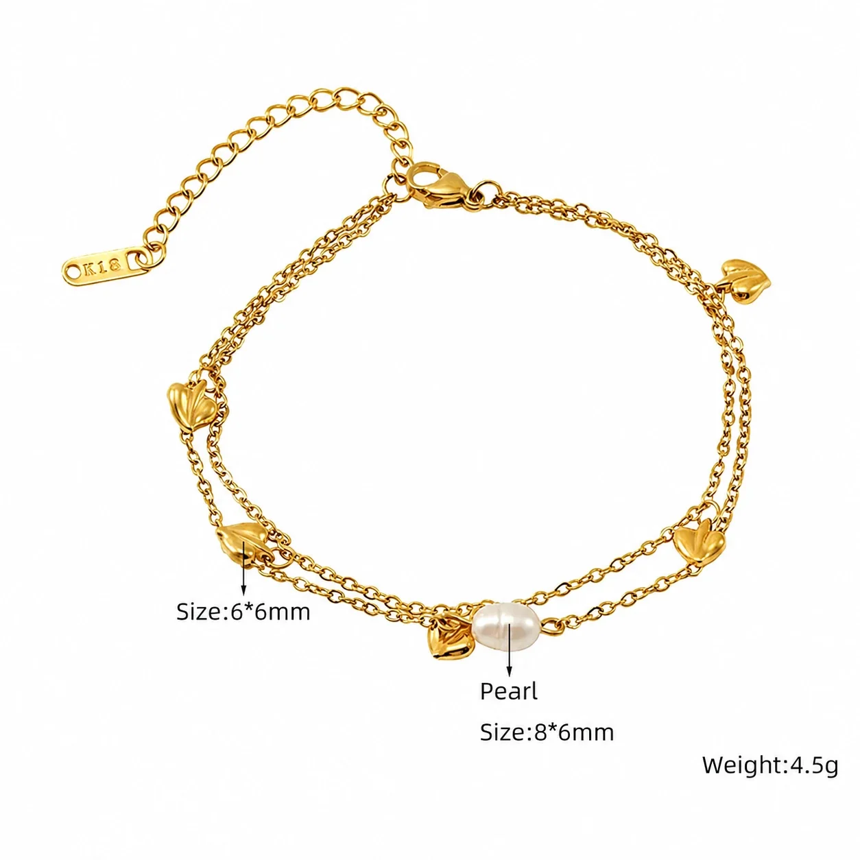Delicate 18K Gold-Plated Steel Bead Heart Bracelet - Gold Double