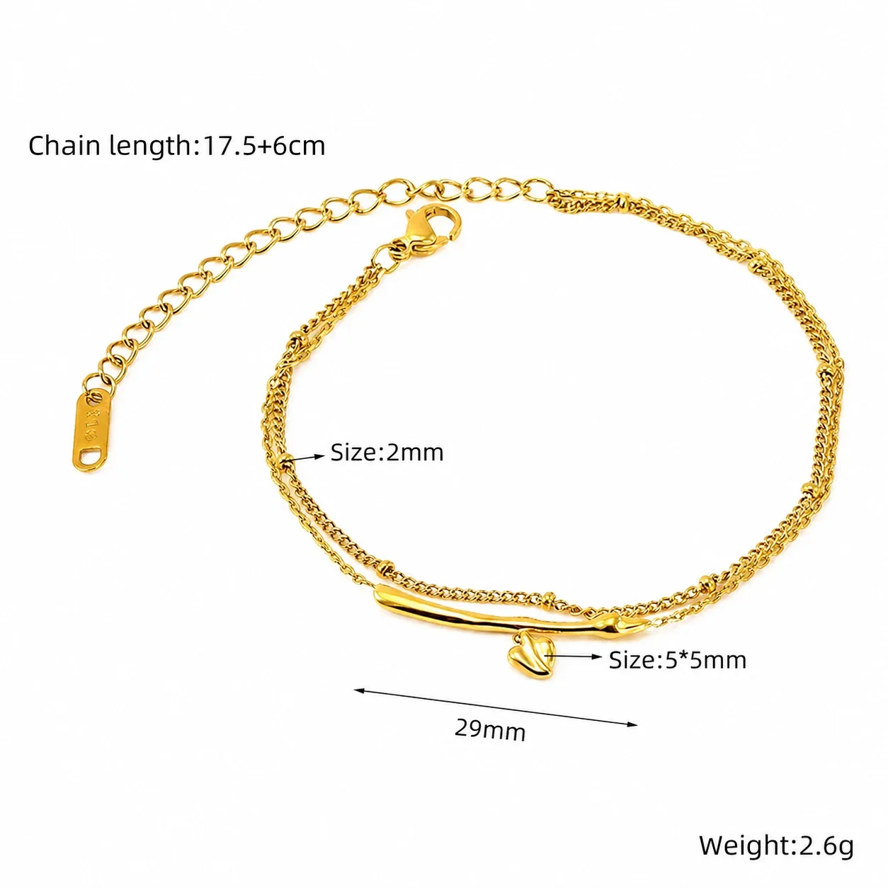 Delicate 18K Gold-Plated Steel Bead Heart Bracelet - Gold Fringe Heart