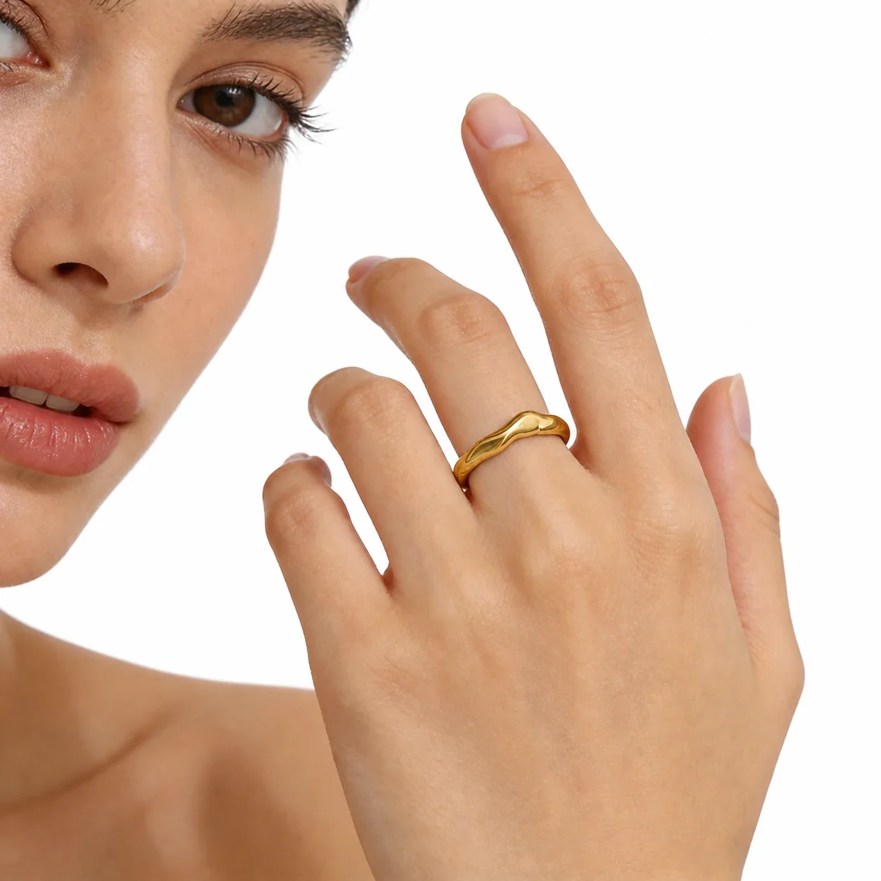 Sculptural 18K Gold-Plated Hammered Open Cuff Ring