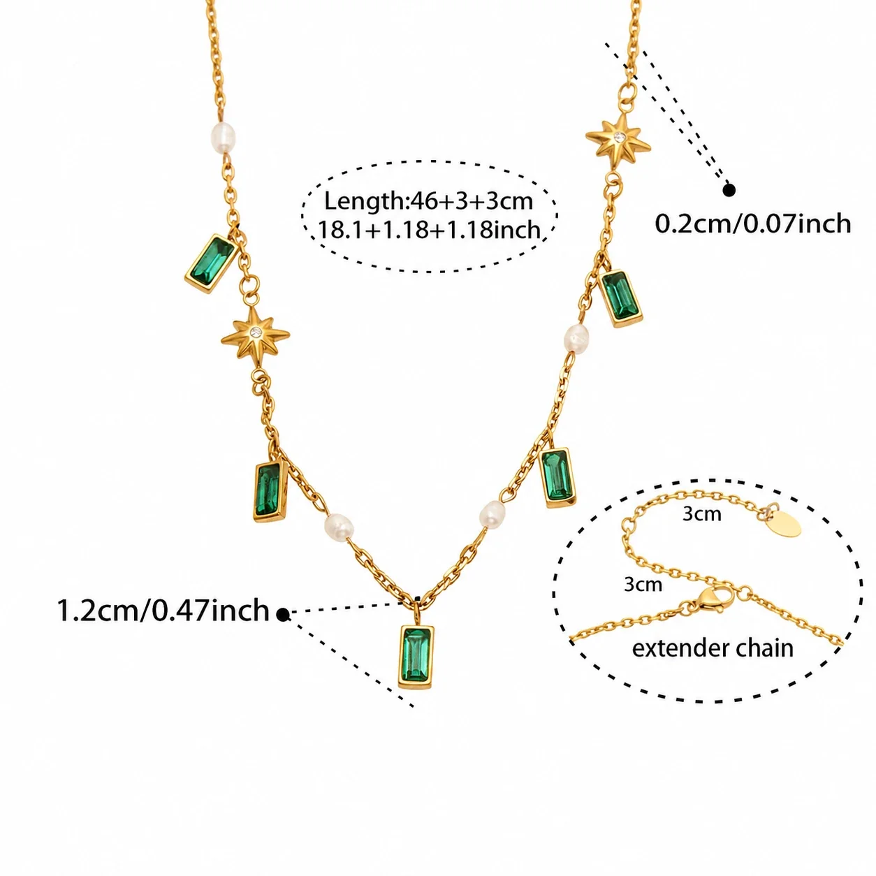 Celestial 18K Gold-Plated 316L Rectangle Glass Star Necklace - Gold Freshwater Pearl Green Glass 46 + 6 cm