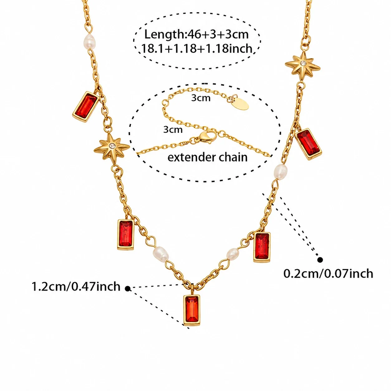 Celestial 18K Gold-Plated 316L Rectangle Glass Star Necklace - Gold Freshwater Pearl Red Glass 46 + 6 cm