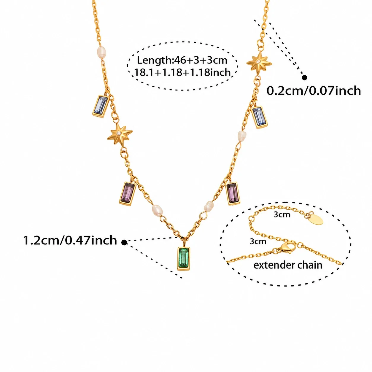Celestial 18K Gold-Plated 316L Rectangle Glass Star Necklace - Gold Freshwater Pearl Multicolor Glass 46 + 6 cm