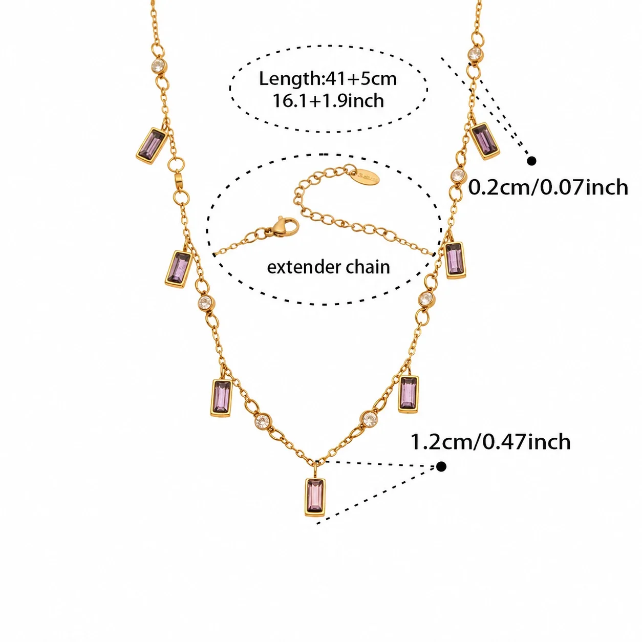 Celestial 18K Gold-Plated 316L Rectangle Glass Star Necklace - Gold Cubic Zirconia Purple Glass 46 + 6 cm