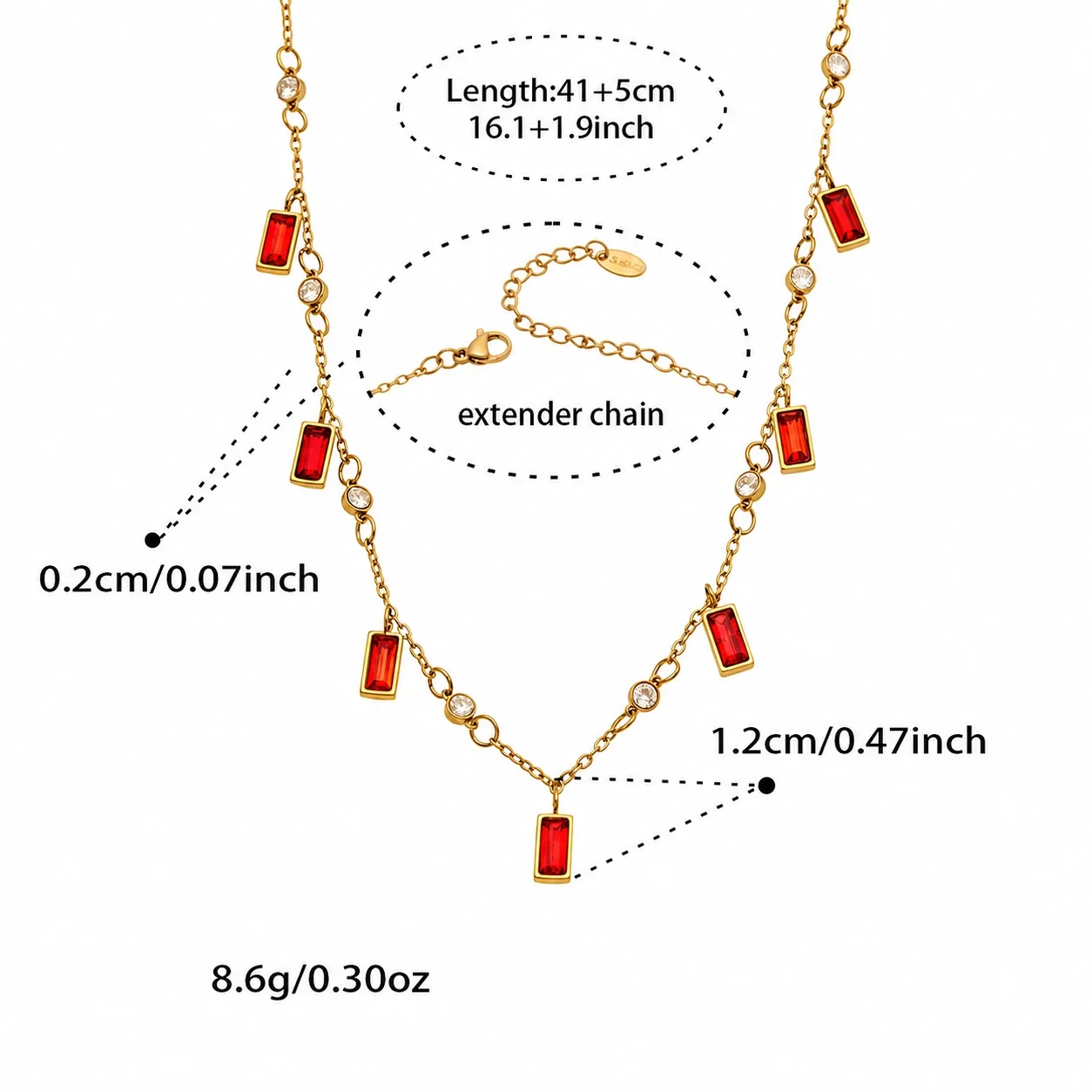Celestial 18K Gold-Plated 316L Rectangle Glass Star Necklace - Gold Cubic Zirconia Red Glass 46 + 6 cm