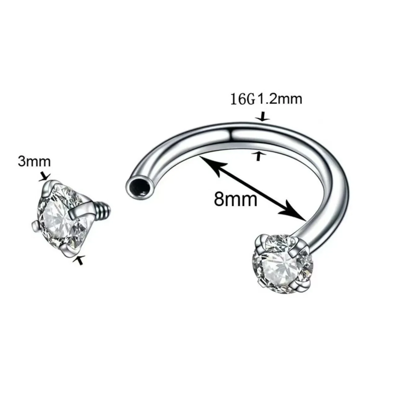 Polished 316 Stainless Steel Horseshoe CZ Ear Cuff