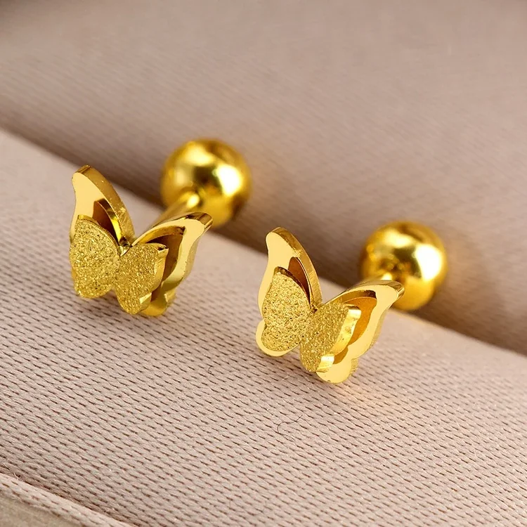 Butterfly Stud Earrings, Textured Center, Gold-Plated Stainless Steel
