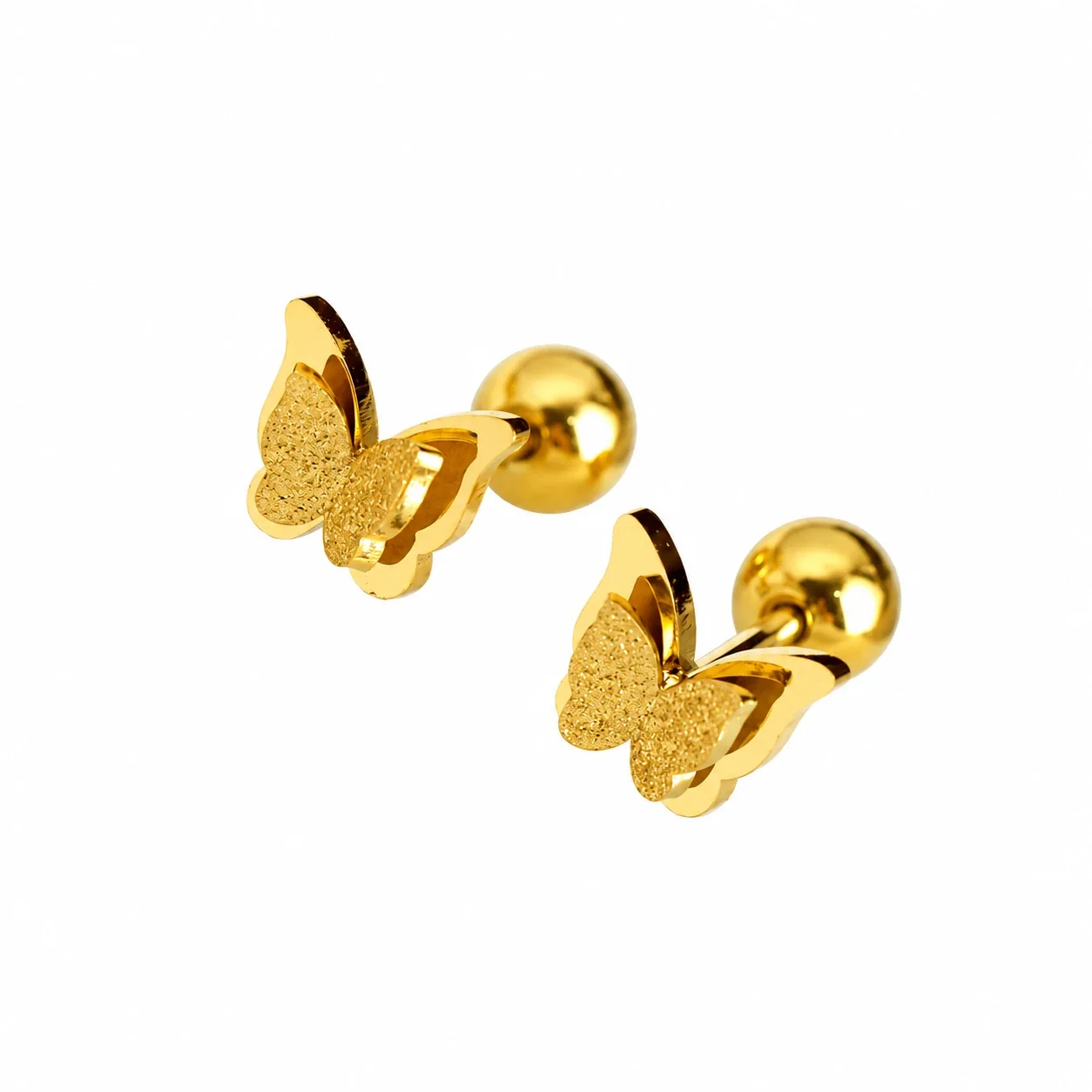 Butterfly Stud Earrings, Textured Center, Gold-Plated Stainless Steel - Gold