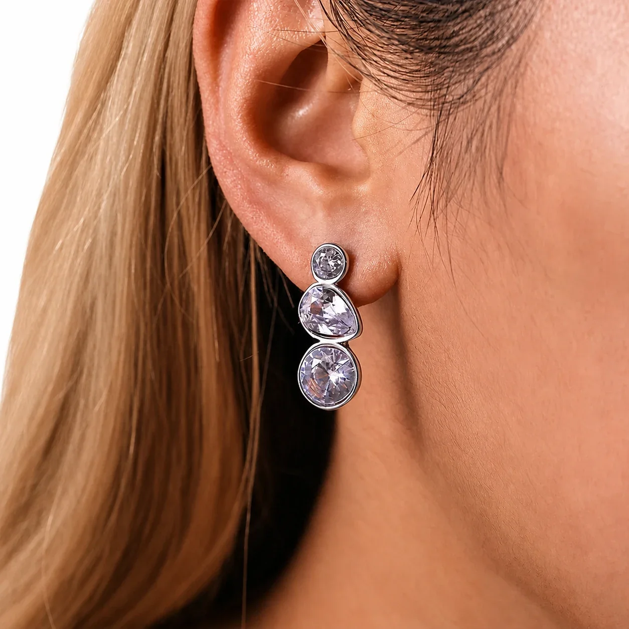 Radiant Stainless Steel Bezel Teardrop CZ Drop Earrings