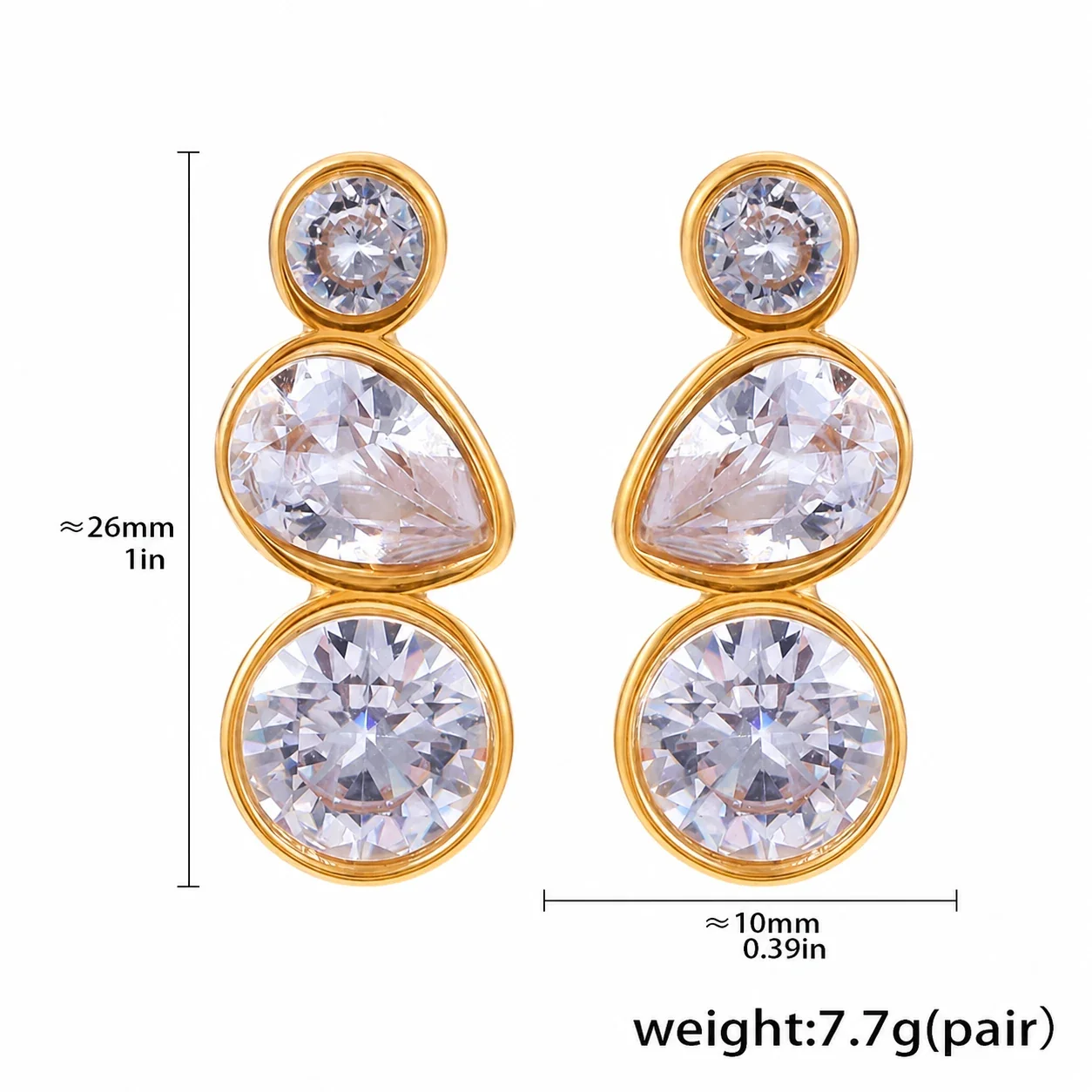 Radiant Stainless Steel Bezel Teardrop CZ Drop Earrings - Gold Teardrop CZ