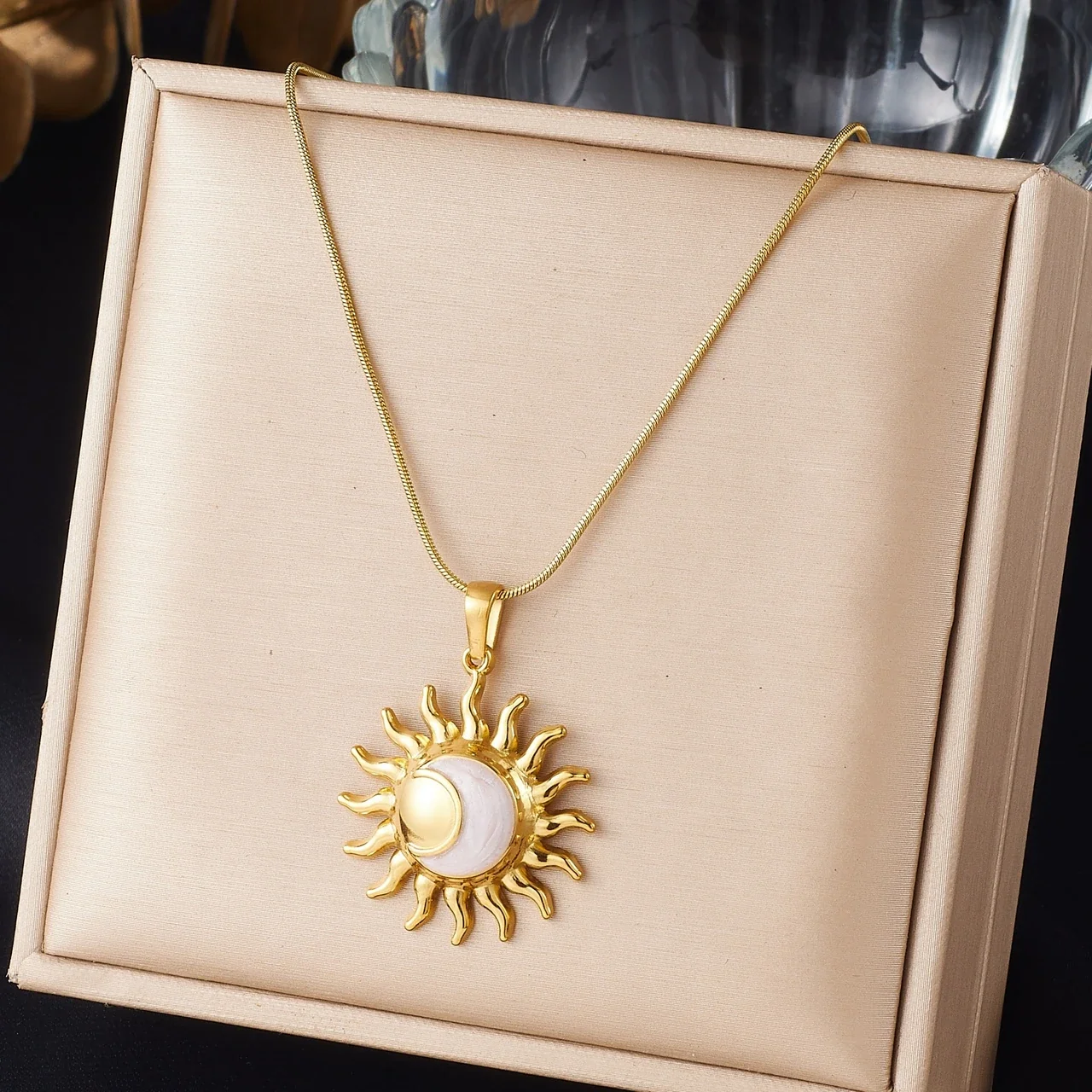 Pendant: Sunburst Moon Enamel Stainless Steel  Necklace, Gold-Plated