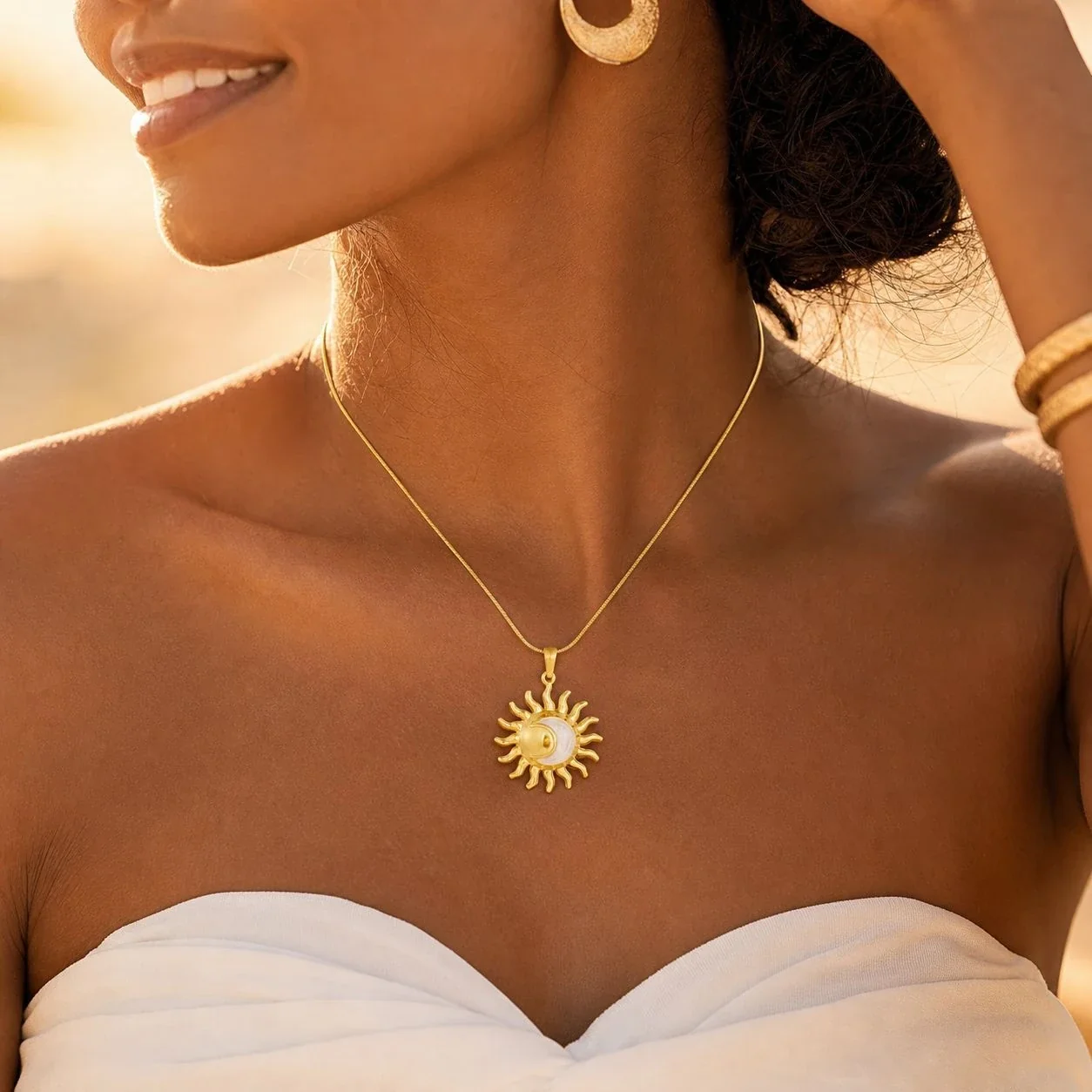 Pendant: Sunburst Moon Enamel Stainless Steel  Necklace, Gold-Plated
