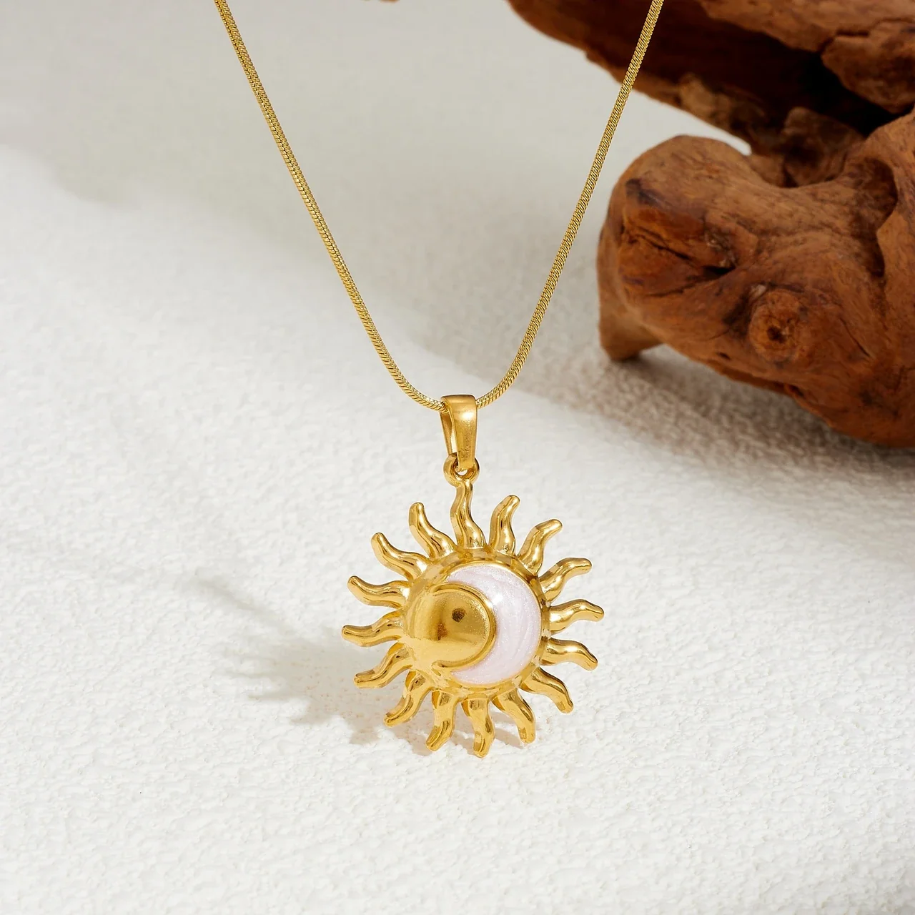 Pendant: Sunburst Moon Enamel Stainless Steel  Necklace, Gold-Plated