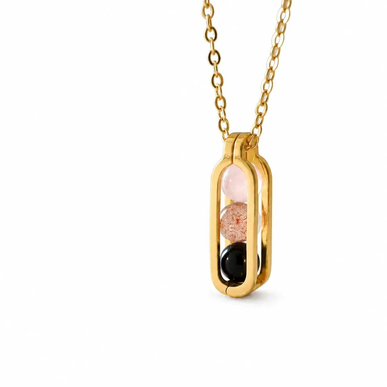 Pendant Necklace with Three Beads and Open Frame, Stainless Steel