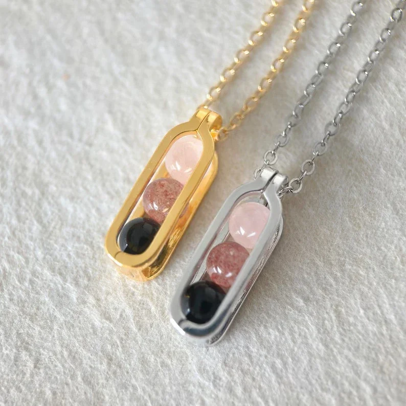 Pendant Necklace with Three Beads and Open Frame, Stainless Steel