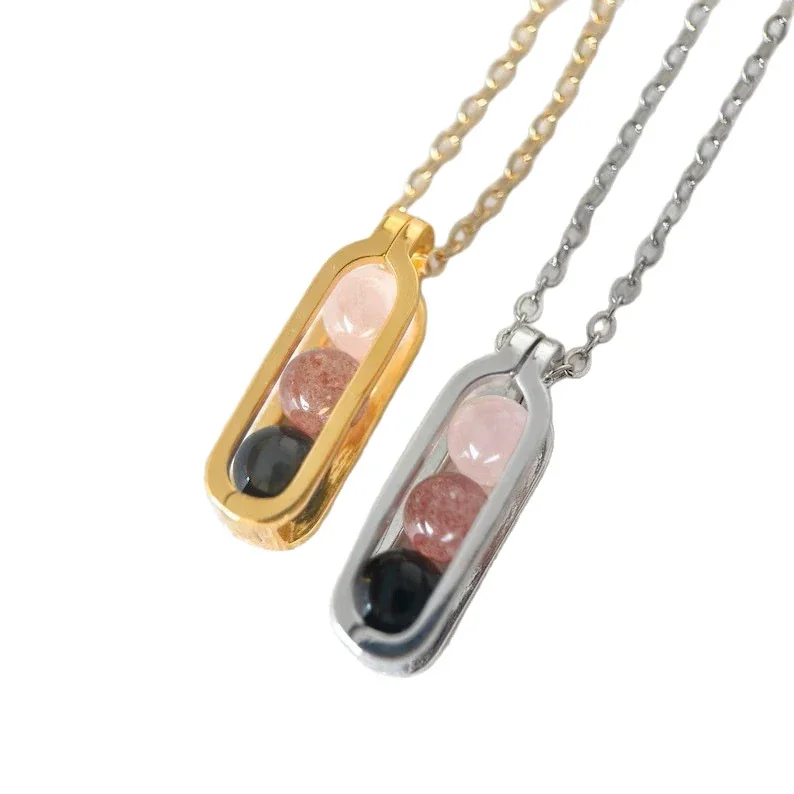 Pendant Necklace with Three Beads and Open Frame, Stainless Steel