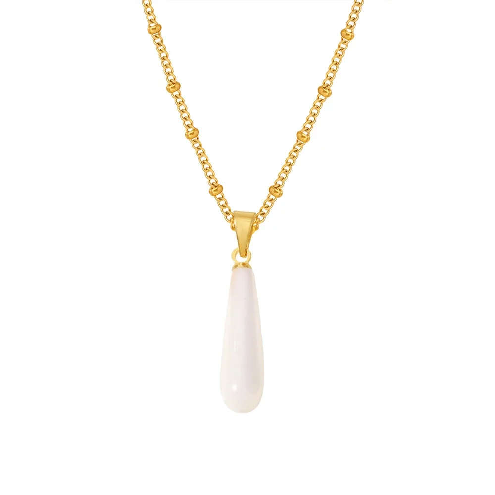 Teardrop Shell Pendant Necklace with Bead Chain, Stainless Steel