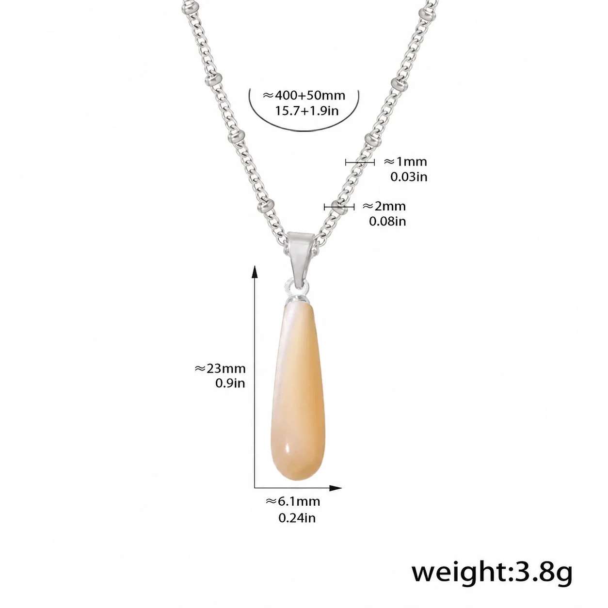 Teardrop Shell Pendant Necklace with Bead Chain, Stainless Steel - Silver Shell Teardrop
