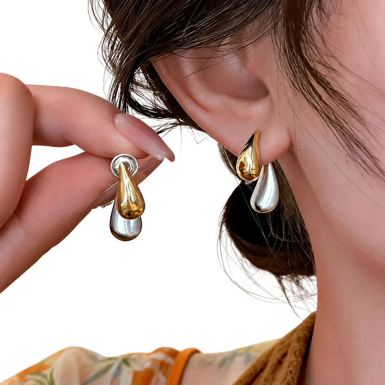 Sculptural Two-Tone 316 Stainless Steel Teardrop Stud Earrings