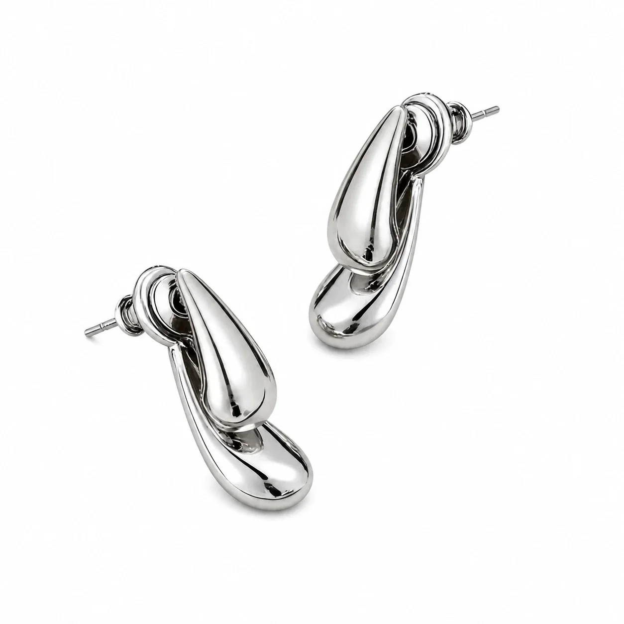 Sculptural Two-Tone 316 Stainless Steel Teardrop Stud Earrings - Silver