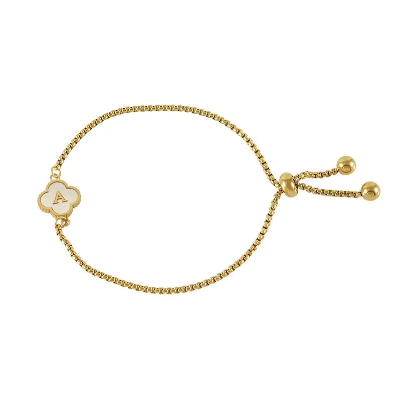Refined Gold-Plated Stainless Steel Clover Initial Box Chain Bracelet