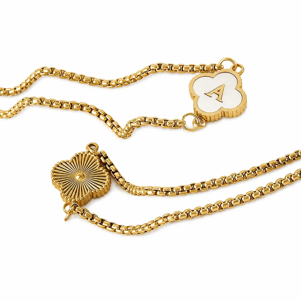 Refined Gold-Plated Stainless Steel Clover Initial Box Chain Bracelet