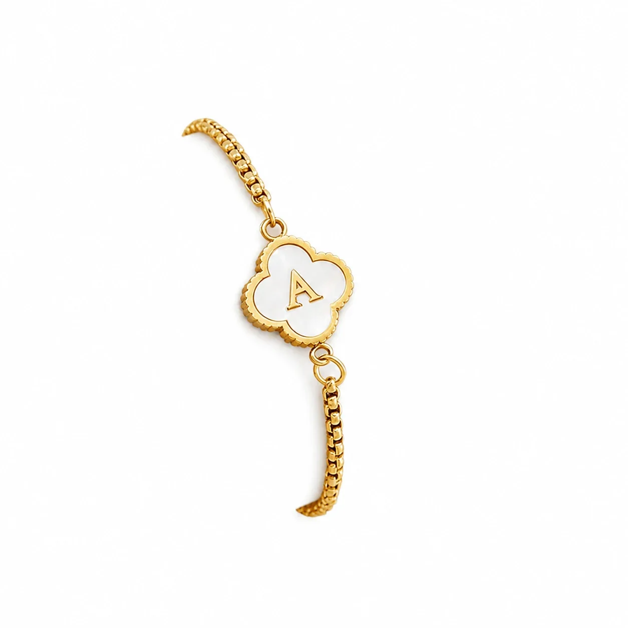 Refined Gold-Plated Stainless Steel Clover Initial Box Chain Bracelet