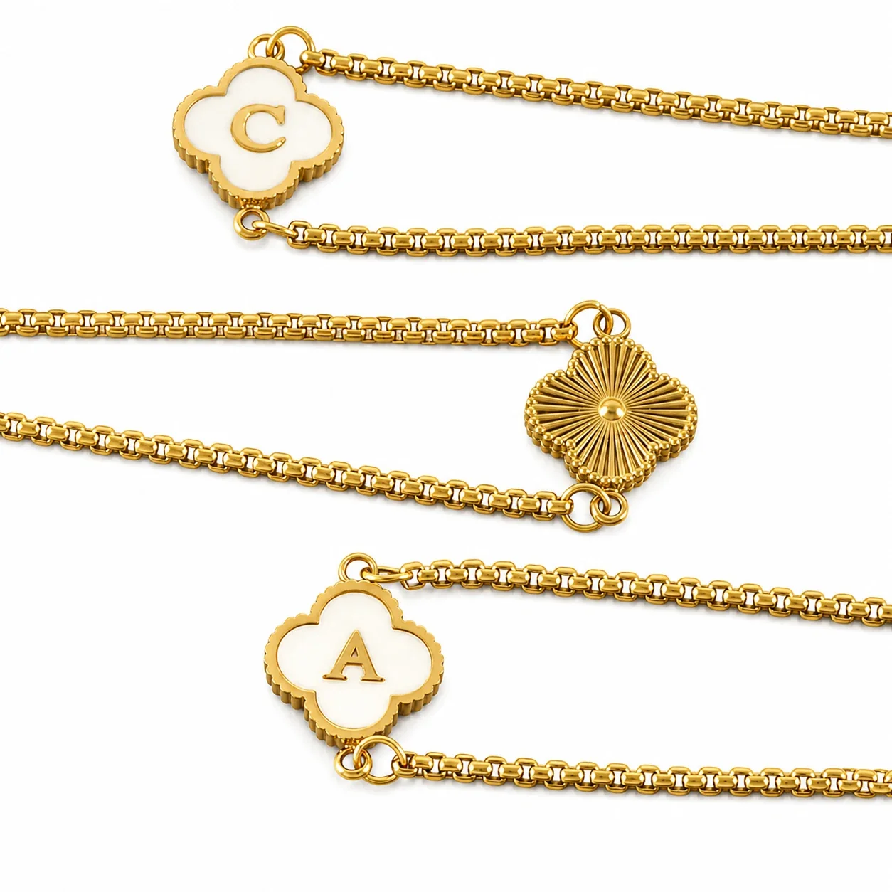 Refined Gold-Plated Stainless Steel Clover Initial Box Chain Bracelet