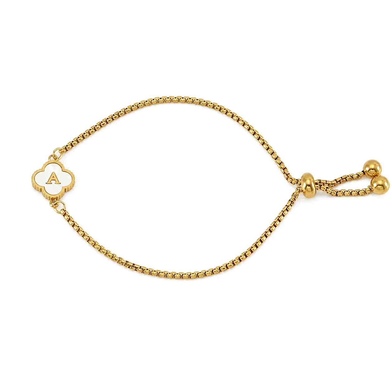 Refined Gold-Plated Stainless Steel Clover Initial Box Chain Bracelet - Initial A