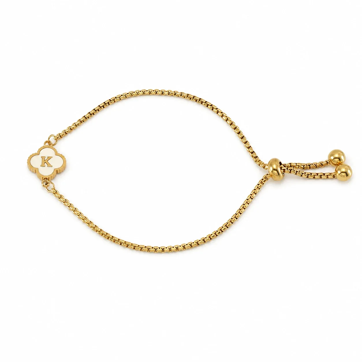 Refined Gold-Plated Stainless Steel Clover Initial Box Chain Bracelet - Initial K