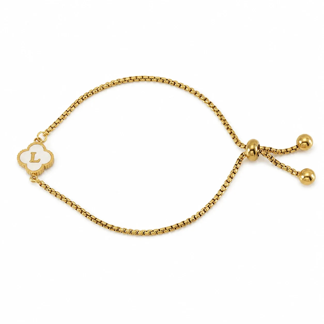 Refined Gold-Plated Stainless Steel Clover Initial Box Chain Bracelet - Initial L