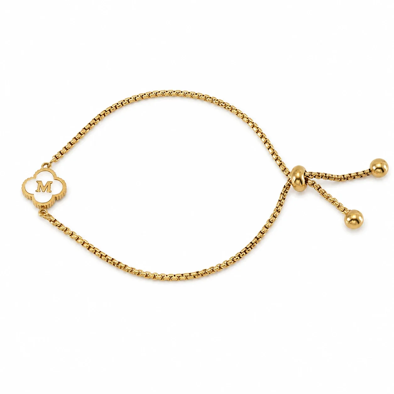 Refined Gold-Plated Stainless Steel Clover Initial Box Chain Bracelet - Initial M