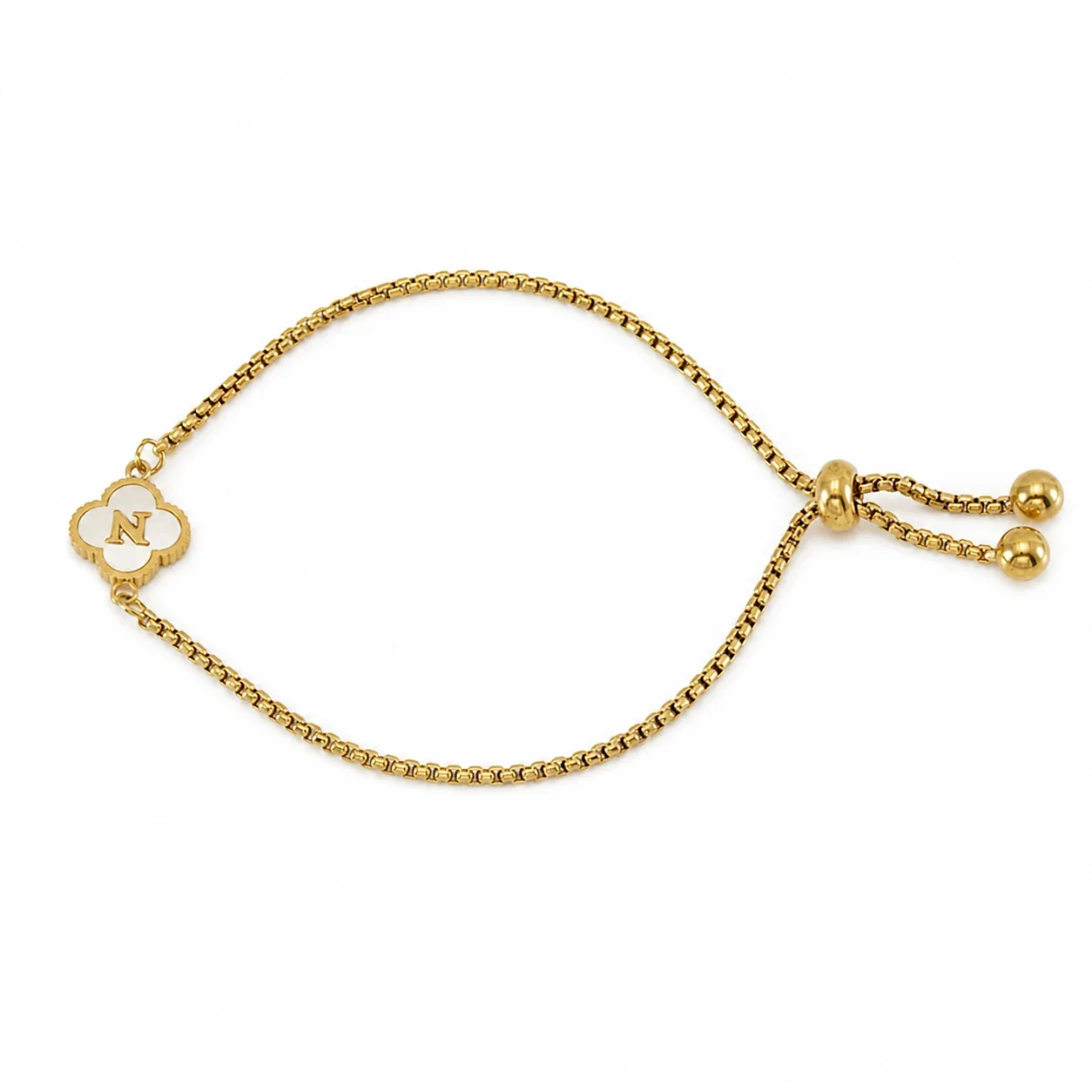 Refined Gold-Plated Stainless Steel Clover Initial Box Chain Bracelet - Initial N