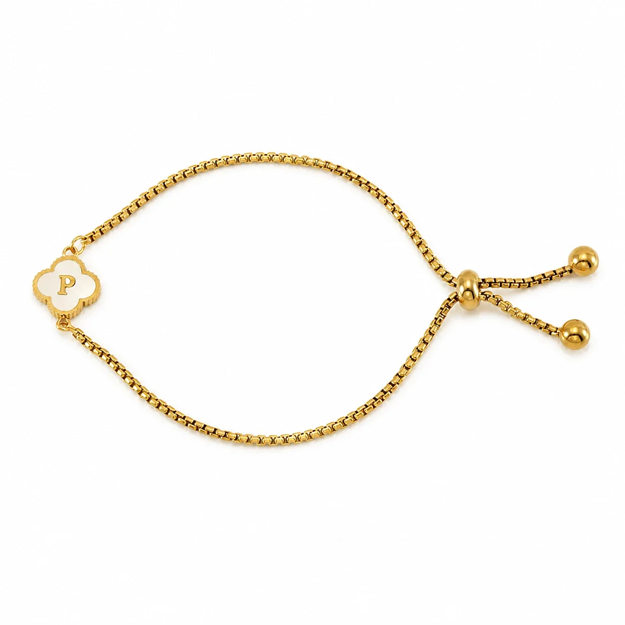 Refined Gold-Plated Stainless Steel Clover Initial Box Chain Bracelet - Initial P