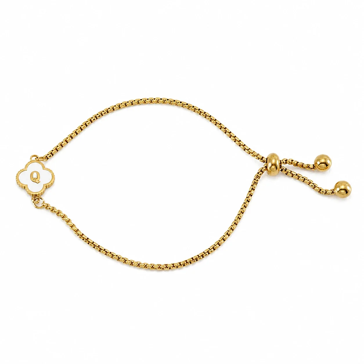 Refined Gold-Plated Stainless Steel Clover Initial Box Chain Bracelet - Initial Q