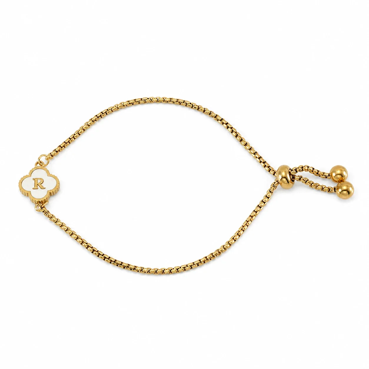 Refined Gold-Plated Stainless Steel Clover Initial Box Chain Bracelet - Initial R