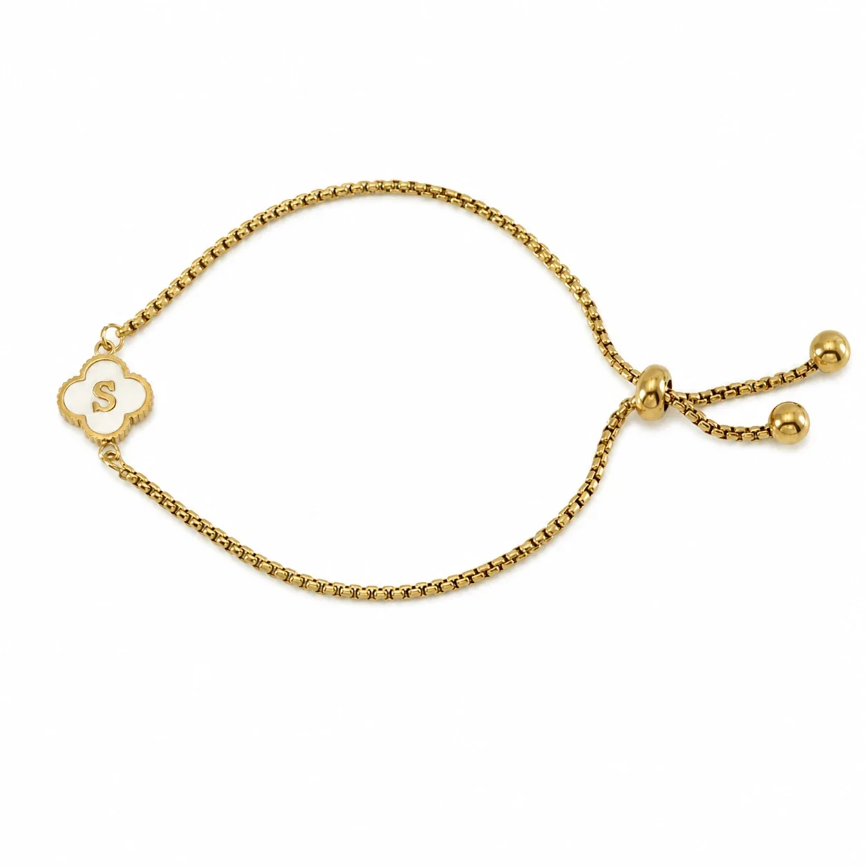 Refined Gold-Plated Stainless Steel Clover Initial Box Chain Bracelet - Initial S