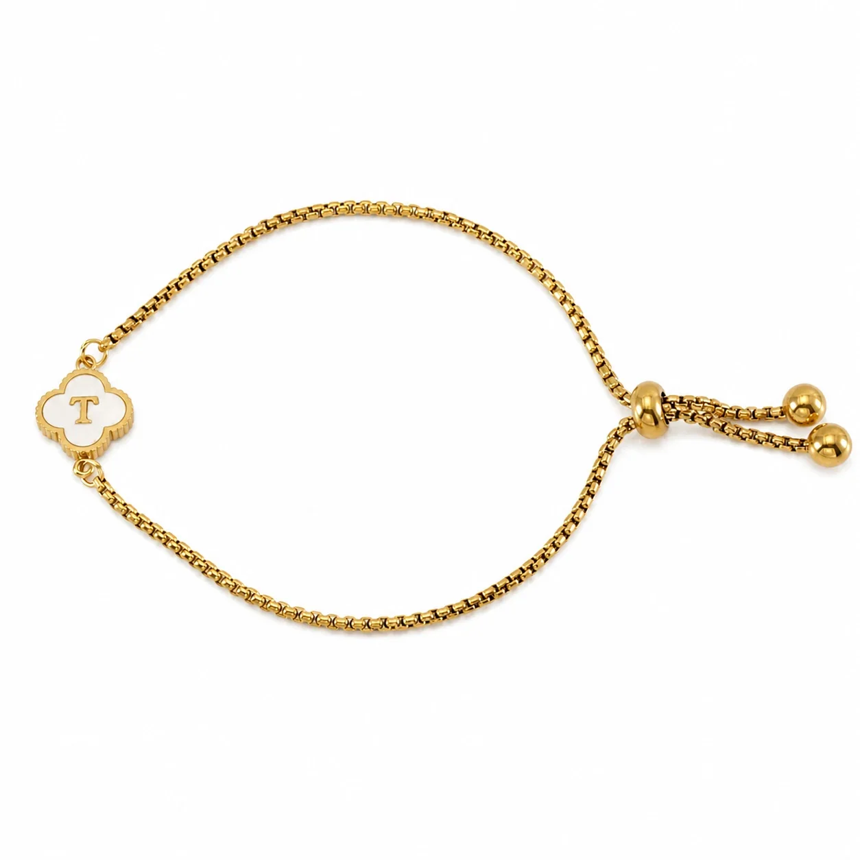 Refined Gold-Plated Stainless Steel Clover Initial Box Chain Bracelet - Initial T