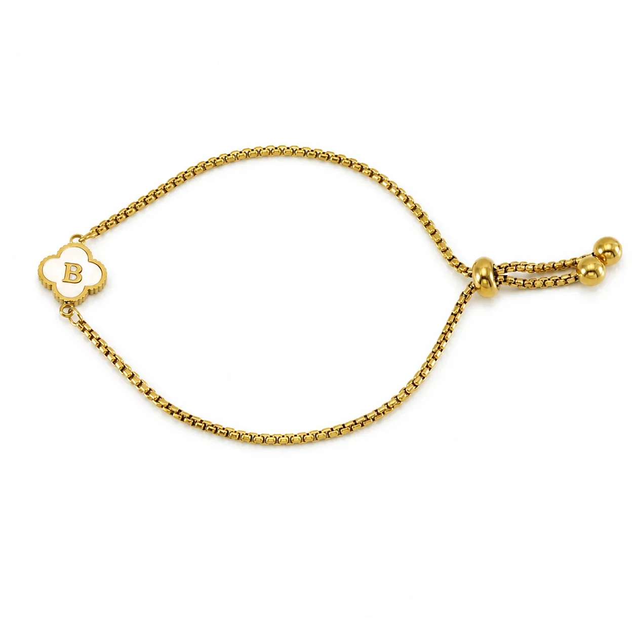 Refined Gold-Plated Stainless Steel Clover Initial Box Chain Bracelet - Initial B