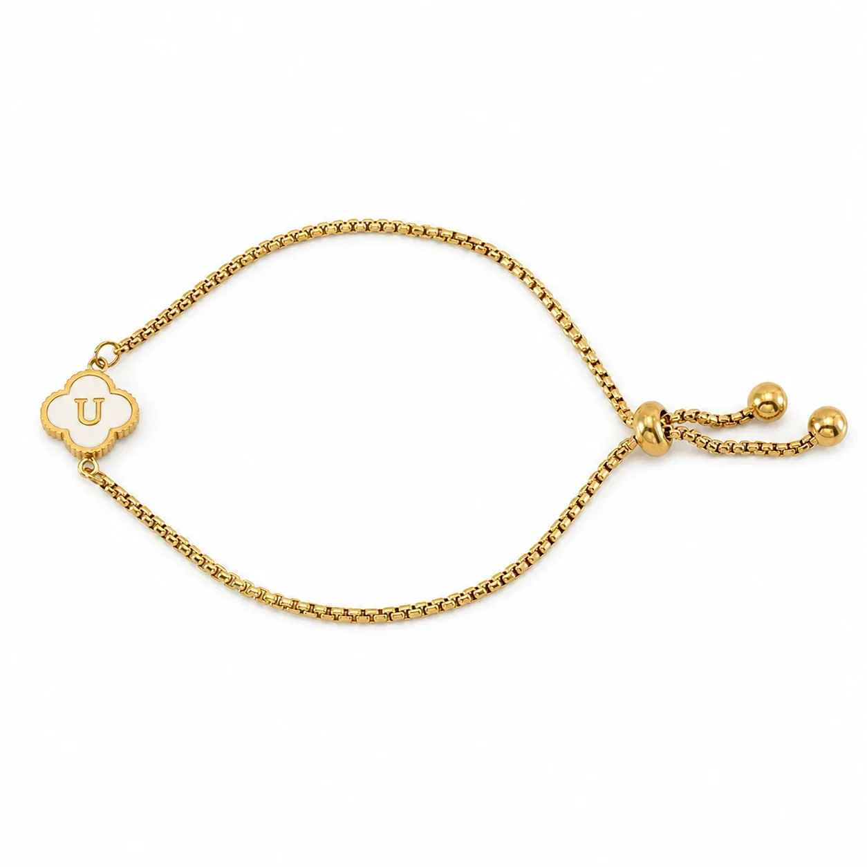 Refined Gold-Plated Stainless Steel Clover Initial Box Chain Bracelet - Initial U